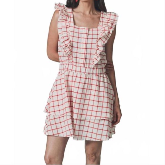 The Shirt by Rochelle Behrens Dresses & Skirts - The Shirt Rochelle Behrens Stella Red Cream Seersucker Ruffle Yoke Mini Dress M